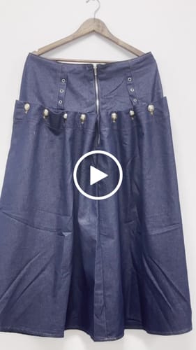 Customer video review of Custom Look Denim Unique Metal Pattern Buttons Lace-up Waist Crisp Hem Maxi Skirt