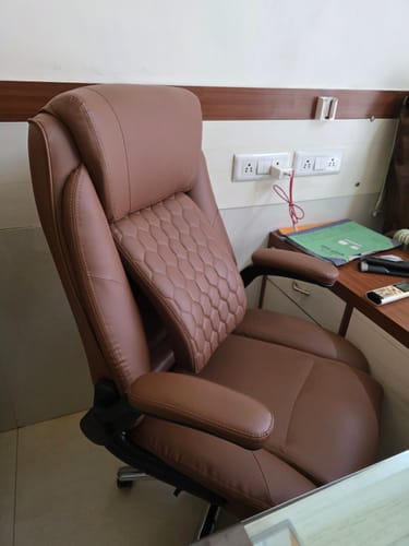 Reviewer's brown Frido 3D Posture Plus Ergonomic Chair at a desk, showing the lumbar support.