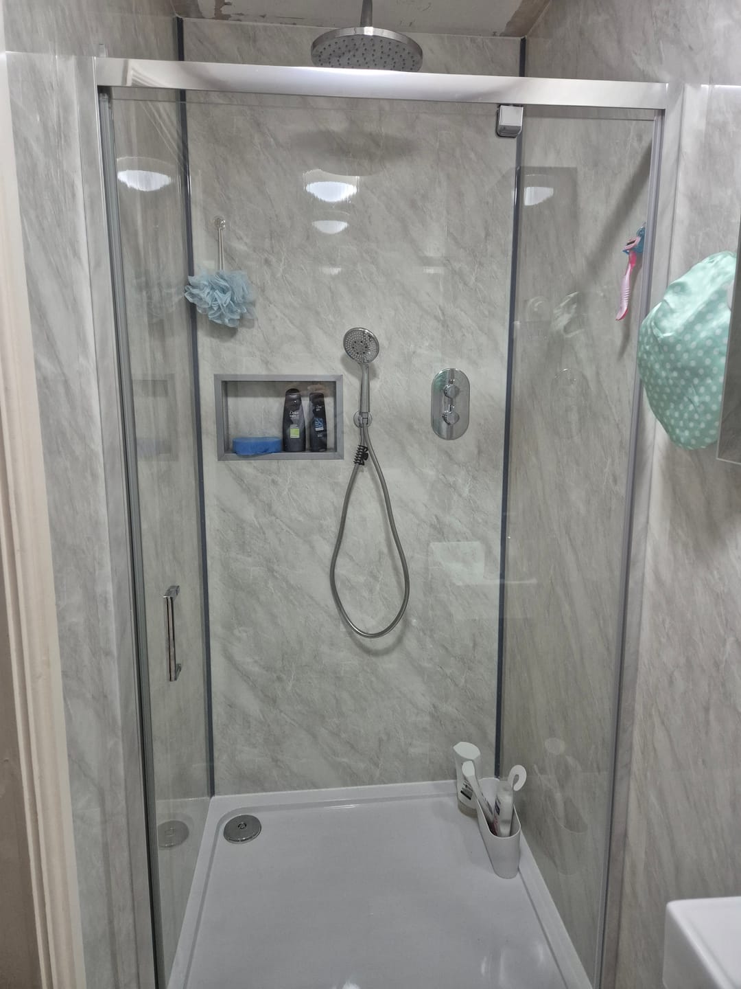 Customer photo review of 10mm Storm Grey Marble Gloss Shower Panel 1M x 2.4M