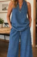 Customer photo review of Loose Wide Leg Pockets Solid Color Jean Pants Bottoms