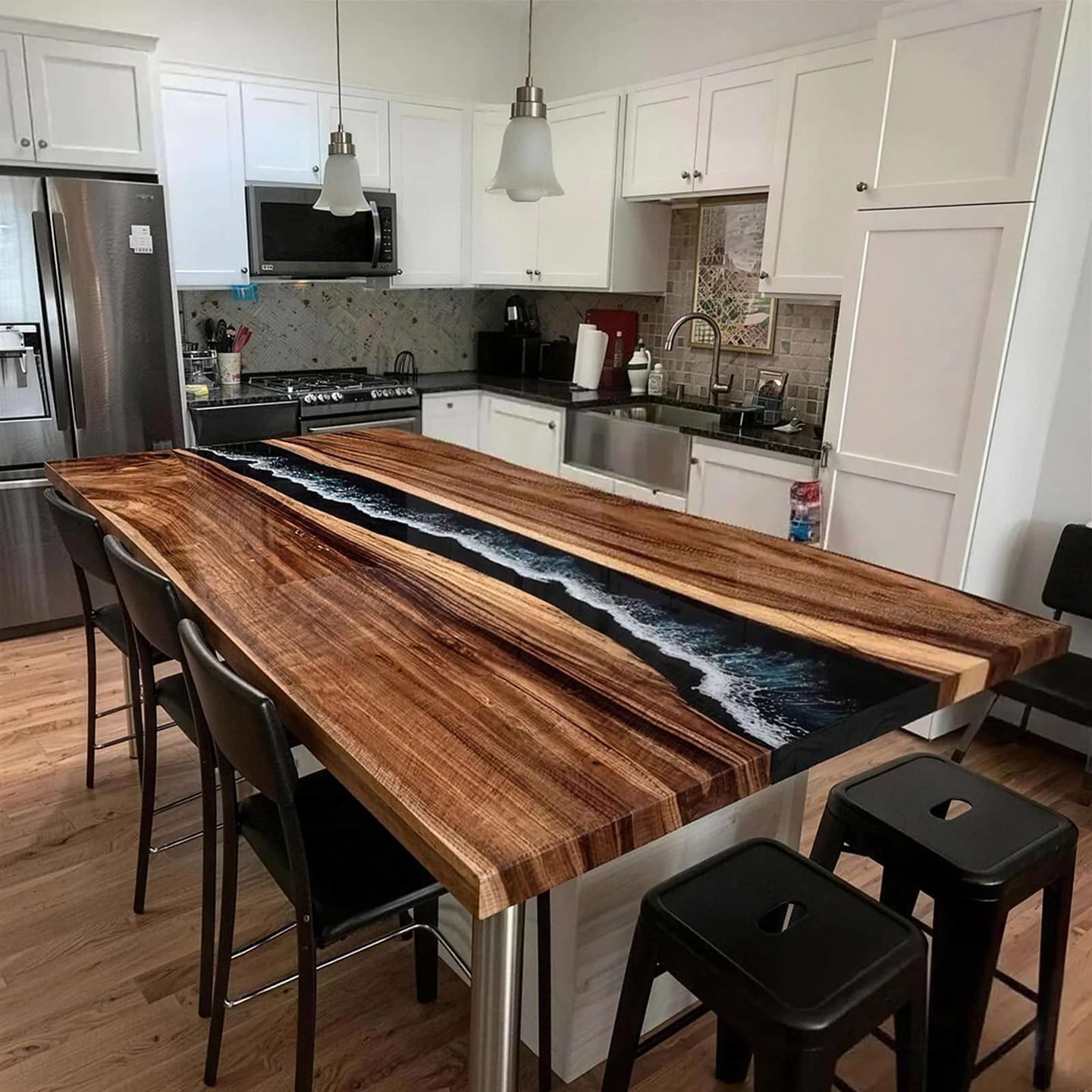 Customer photo review of Live Edge Epoxy River Walnut Wood Table with Waves | Minnesota Lakeside Home CRT-220