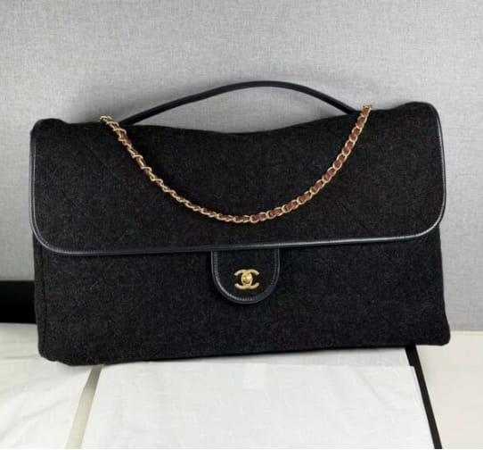Customer photo review of Chanel 2025 Maxi Flap Bag With Top Handle 56cm Black Wool Leather