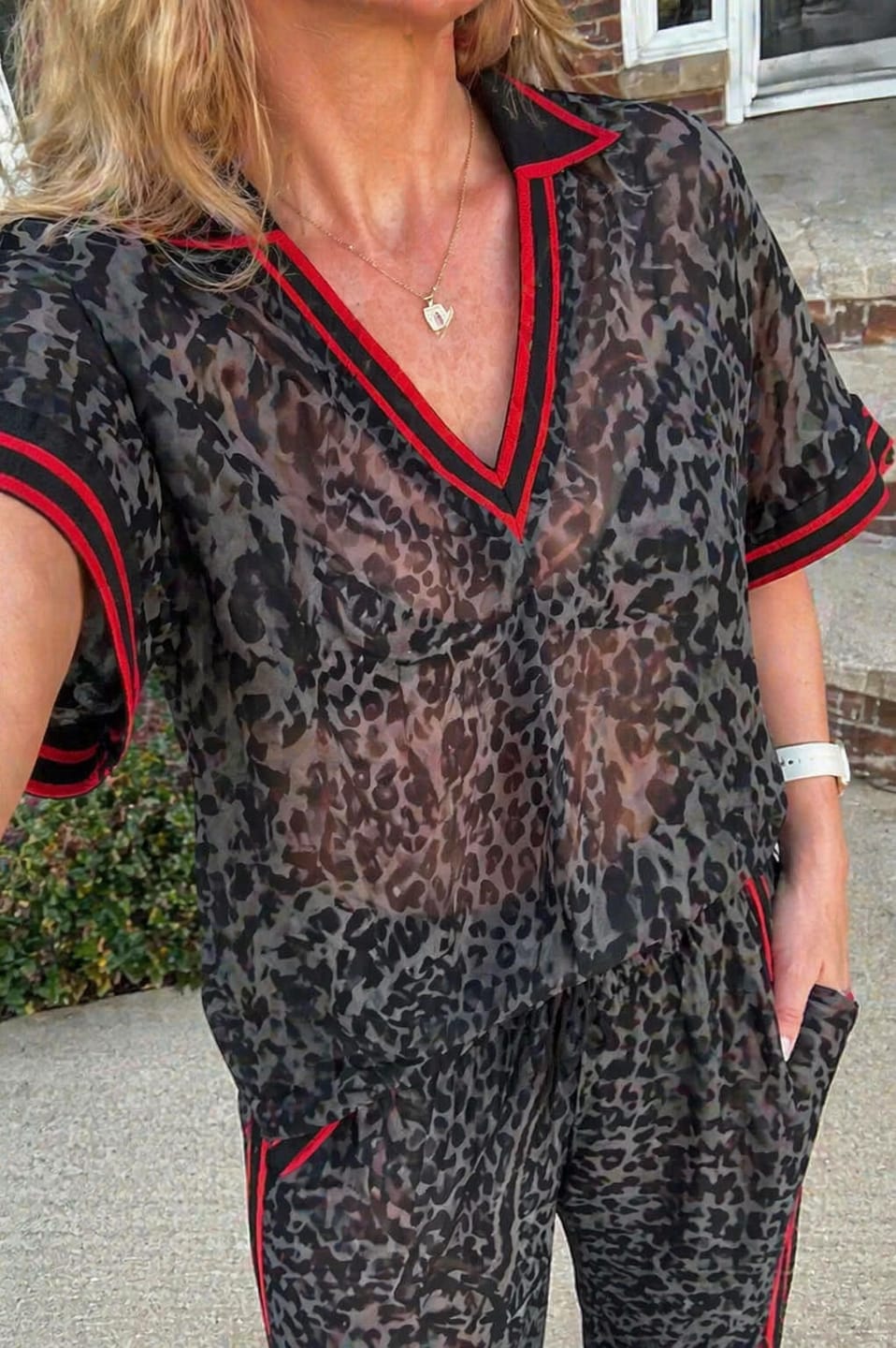 Customer photo review of Loose Short Sleeves Contrast Color Leopard See-Through Split-Joint Striped Lapel Blouses&Shirts Tops