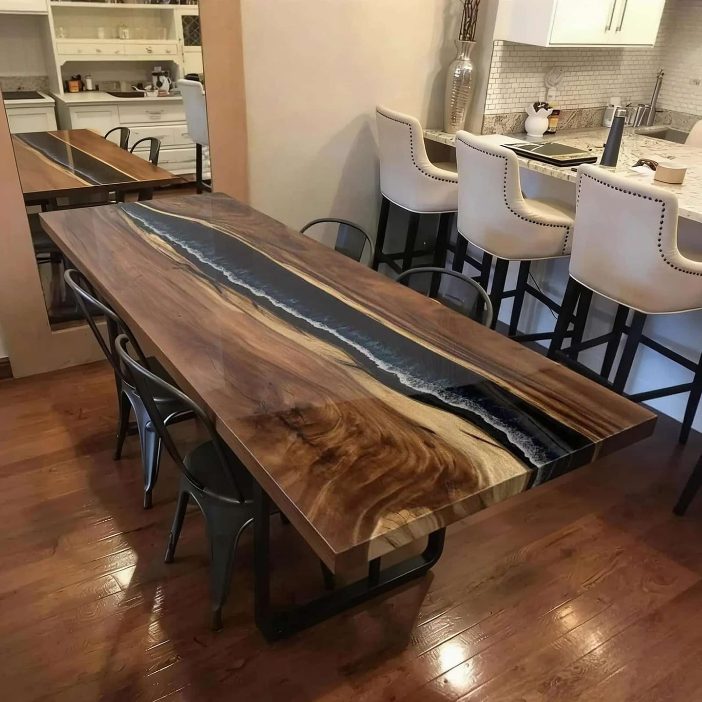 Customer photo review of Live Edge Epoxy River Walnut Wood Table with Waves | Minnesota Lakeside Home CRT-220