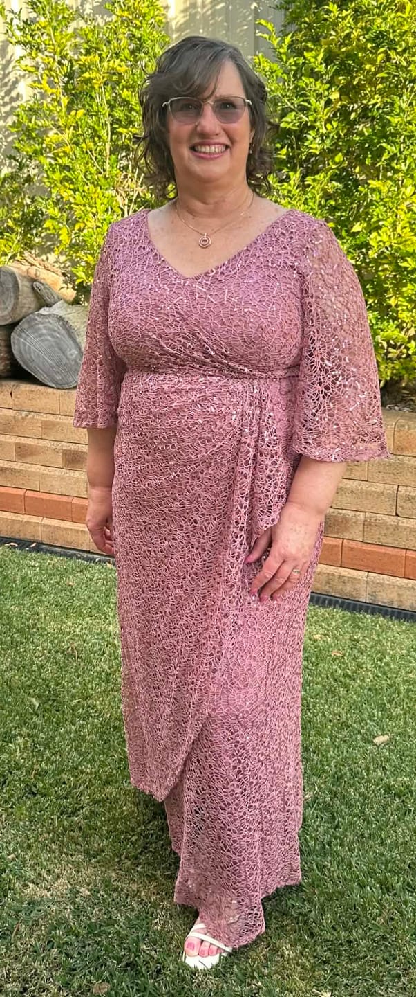 Customer photo review of Quora Blush Sequin Gown