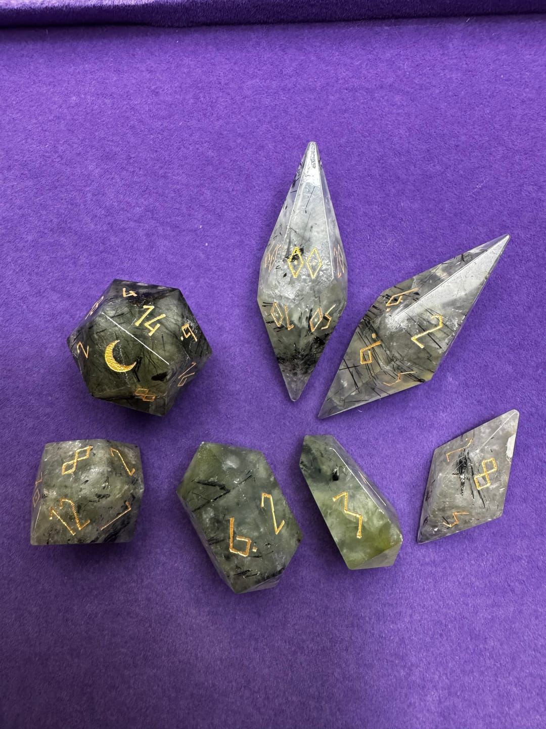 Customer photo review of URWizards D&D Prehnite Gemstone Dice Set Crystal Shape