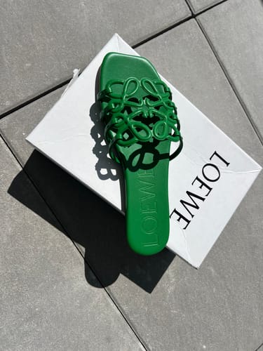 Customer photo review of Petal Anagram Slide in Green Soft Calfskin 273514