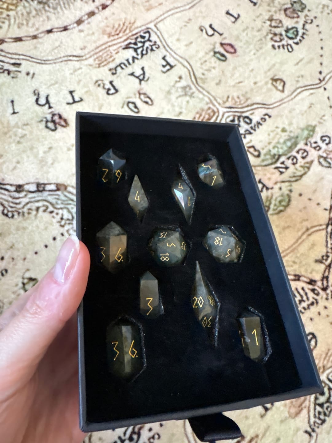 Customer photo review of URWizards D&D Labradorite Gemstone Dice Set Crystal Shape
