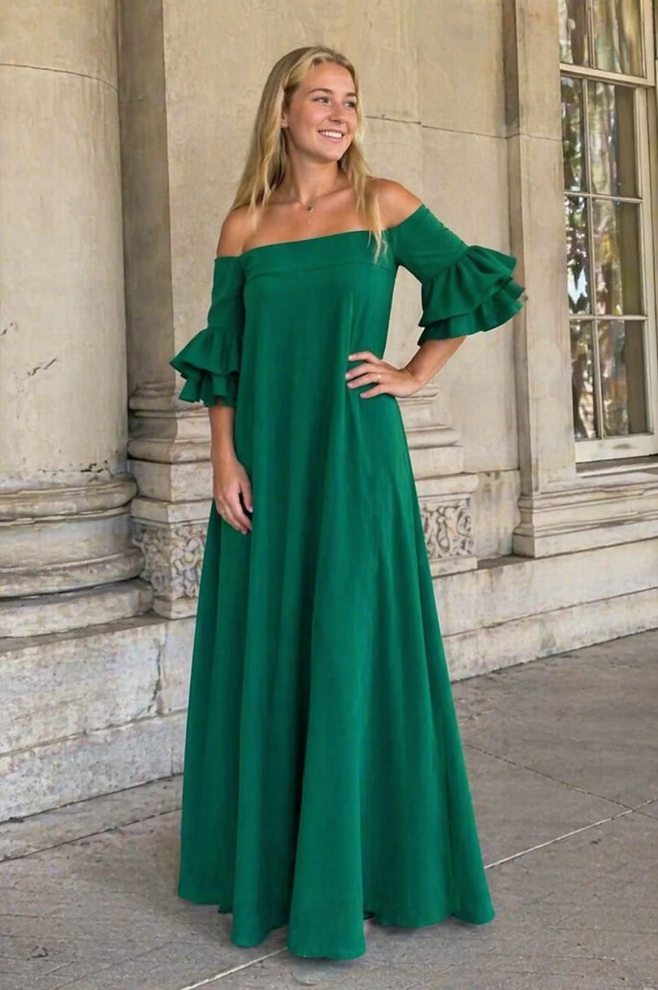 Customer photo review of Half Sleeves Loose Solid Color Off-The-Shoulder Maxi Dresses