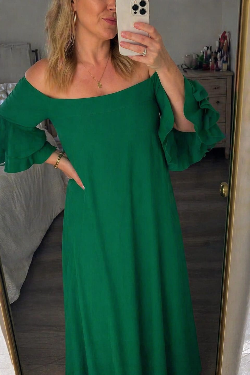 Customer photo review of Half Sleeves Loose Solid Color Off-The-Shoulder Maxi Dresses