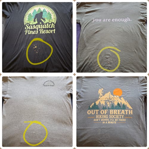 Reviewer compares the durable Out Of Breath T-shirt with three other t-shirts that have holes.