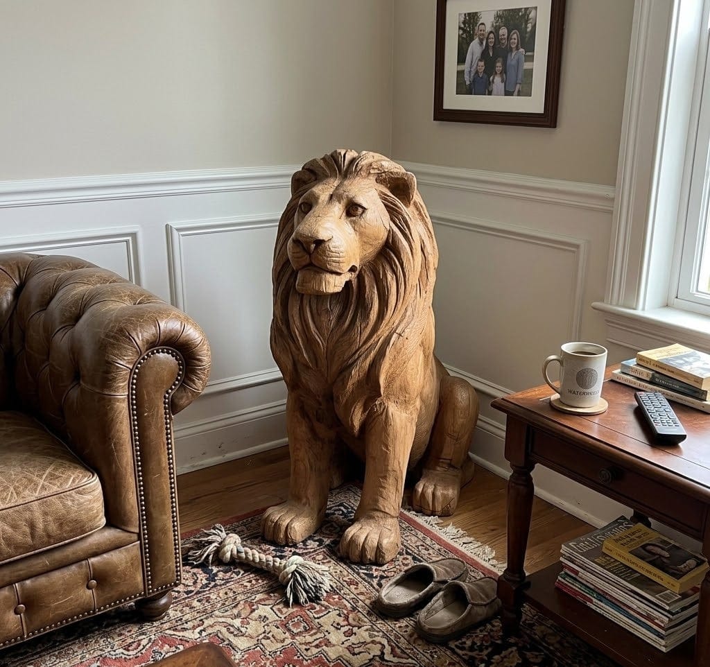 Customer photo review of Rustic Regal: The Hand-Carved Weathered Wood Lion Sculpture | Wood Sculpture
