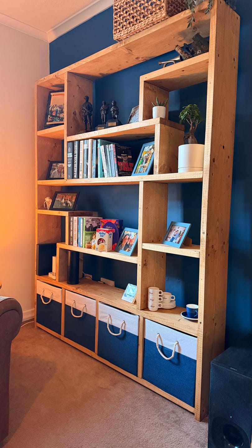 Customer photo review of Reclaimed Wood Bookcase with 4 Compartments - Rustic Shelving Unit | Scaffold Timber Furniture | Baskets