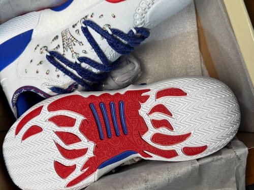 Reviewer's Joker 2 "Serbia" shoes in a box, showing the detailed red, white, and blue sole and the white upper.