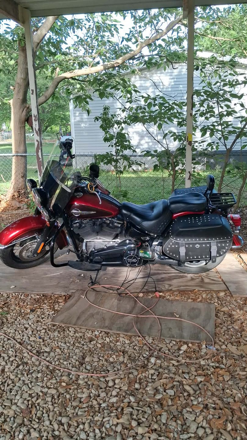 Customer photo review of 35L - Legacy Extra Large Studded Leather Motorcycle Saddlebags for Harley Softail Heritage FLHC/S