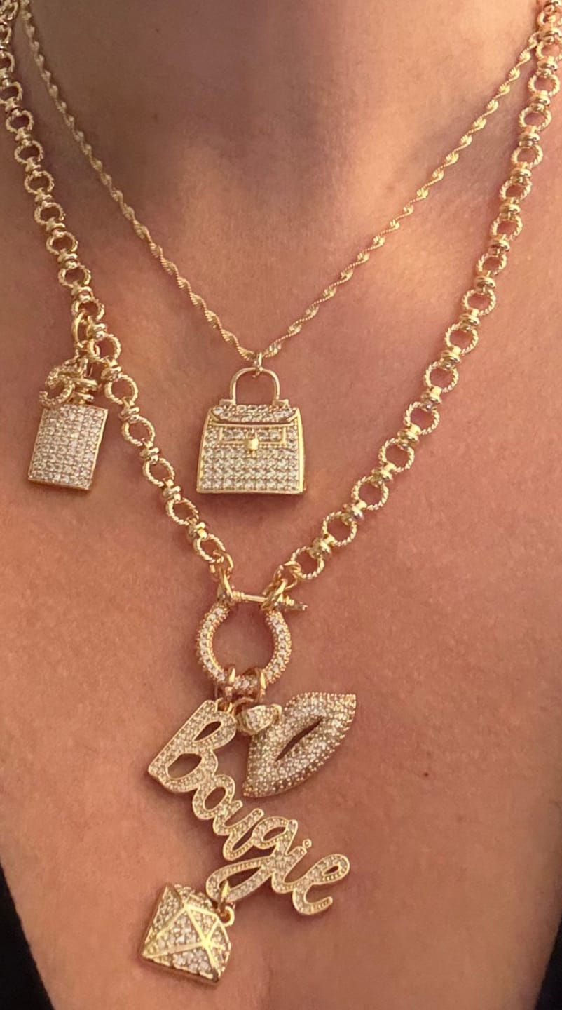 Customer photo review of Custom Carabiner - Toggle -Large Lobster Clasp Necklace- 1-20+ Charms- 18 Karat Plated Gold- Stainless Steel- Custom Length- Back Closure
