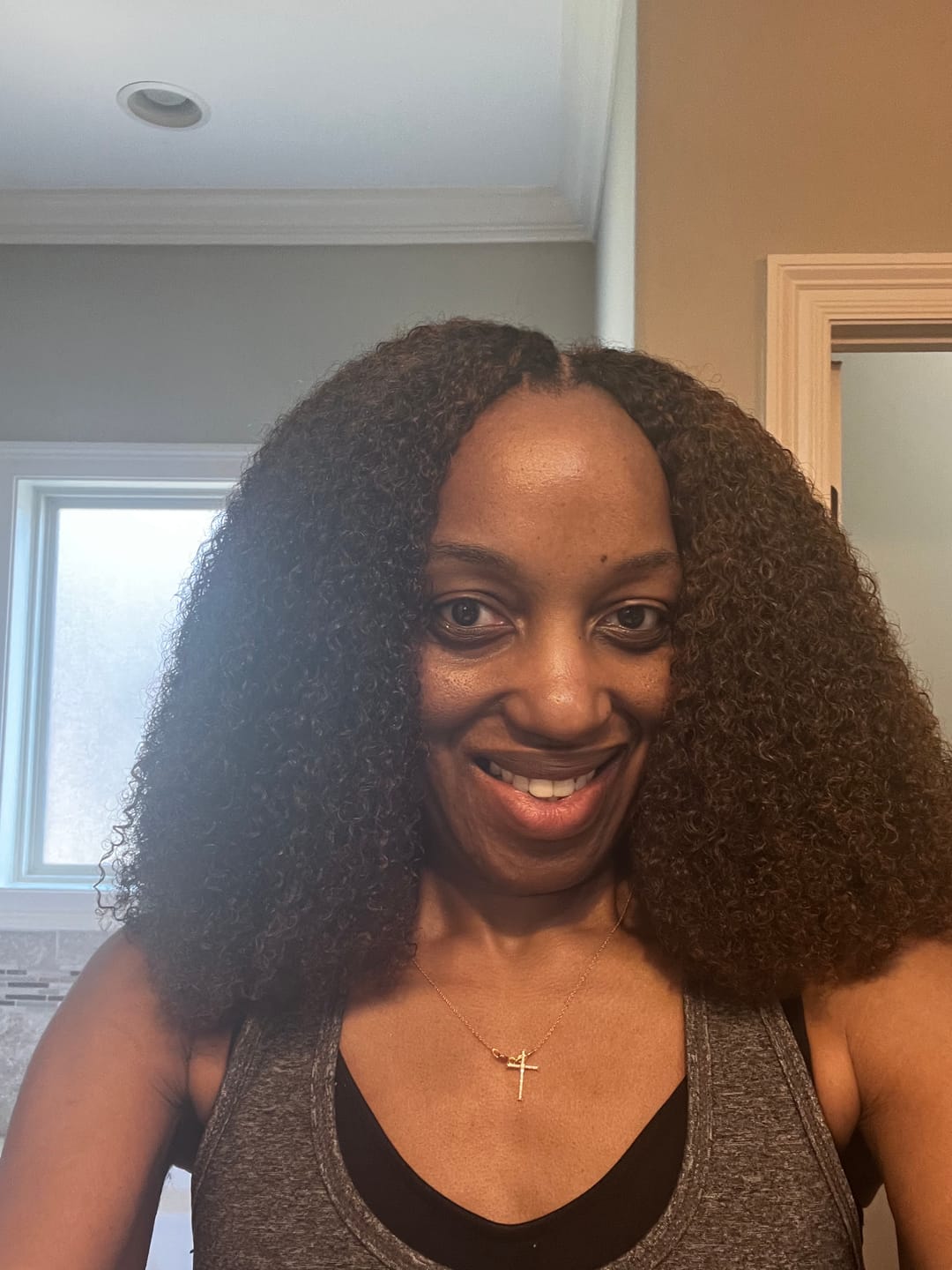 Customer photo review of #T1B/4 Medium Brown Multi-Textured Kinky Curly Human Crochet Hair with Dark Roots