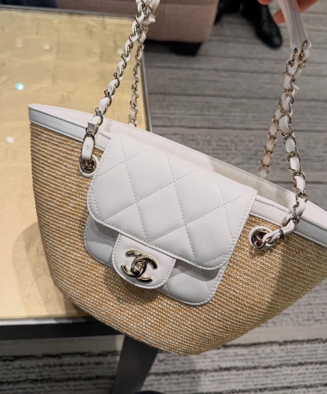 Customer photo review of Chanel 2026 Shopping Bag 34cm Beige White Straw Lambskin