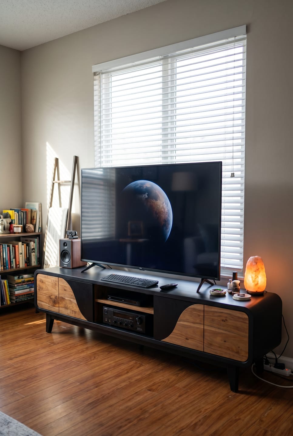 Customer photo review of Modern Black Wood TV Console with Curved Live Edge Panel Cabinet