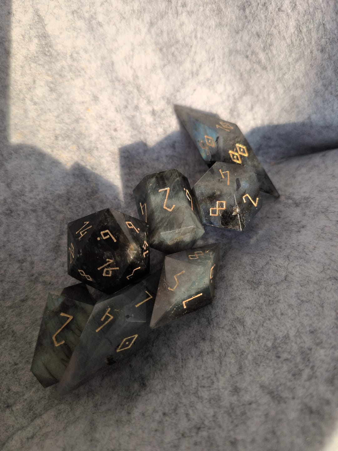 Customer photo review of URWizards D&D Labradorite Gemstone Dice Set Crystal Shape