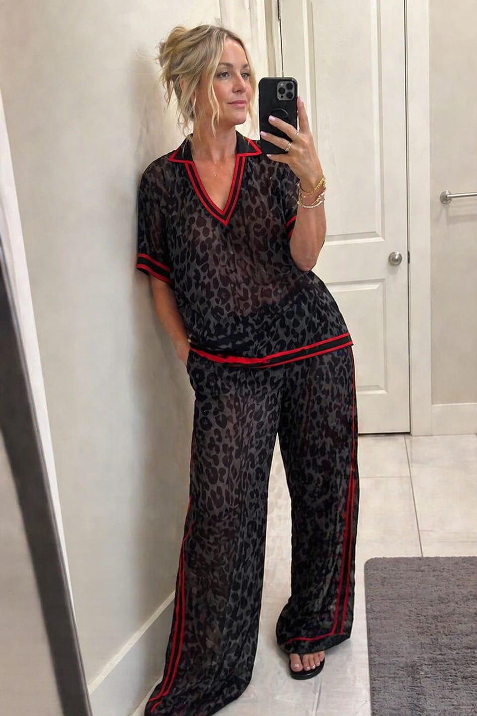 Customer photo review of Loose Short Sleeves Contrast Color Leopard See-Through Split-Joint Striped Lapel Blouses&Shirts Tops