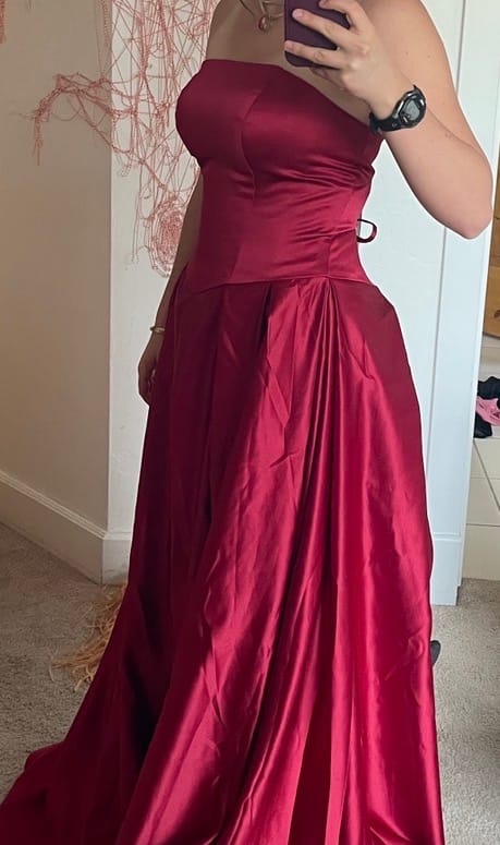 Customer photo review of Strapless Wine Red Pleated Long Dress with Slit