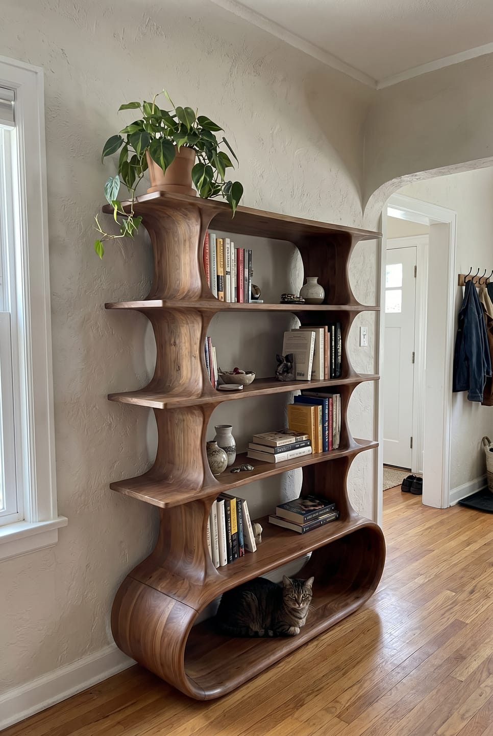 Customer photo review of Modern Solid Wood Bookshelf With Balanced Tiered Sculptural Frame