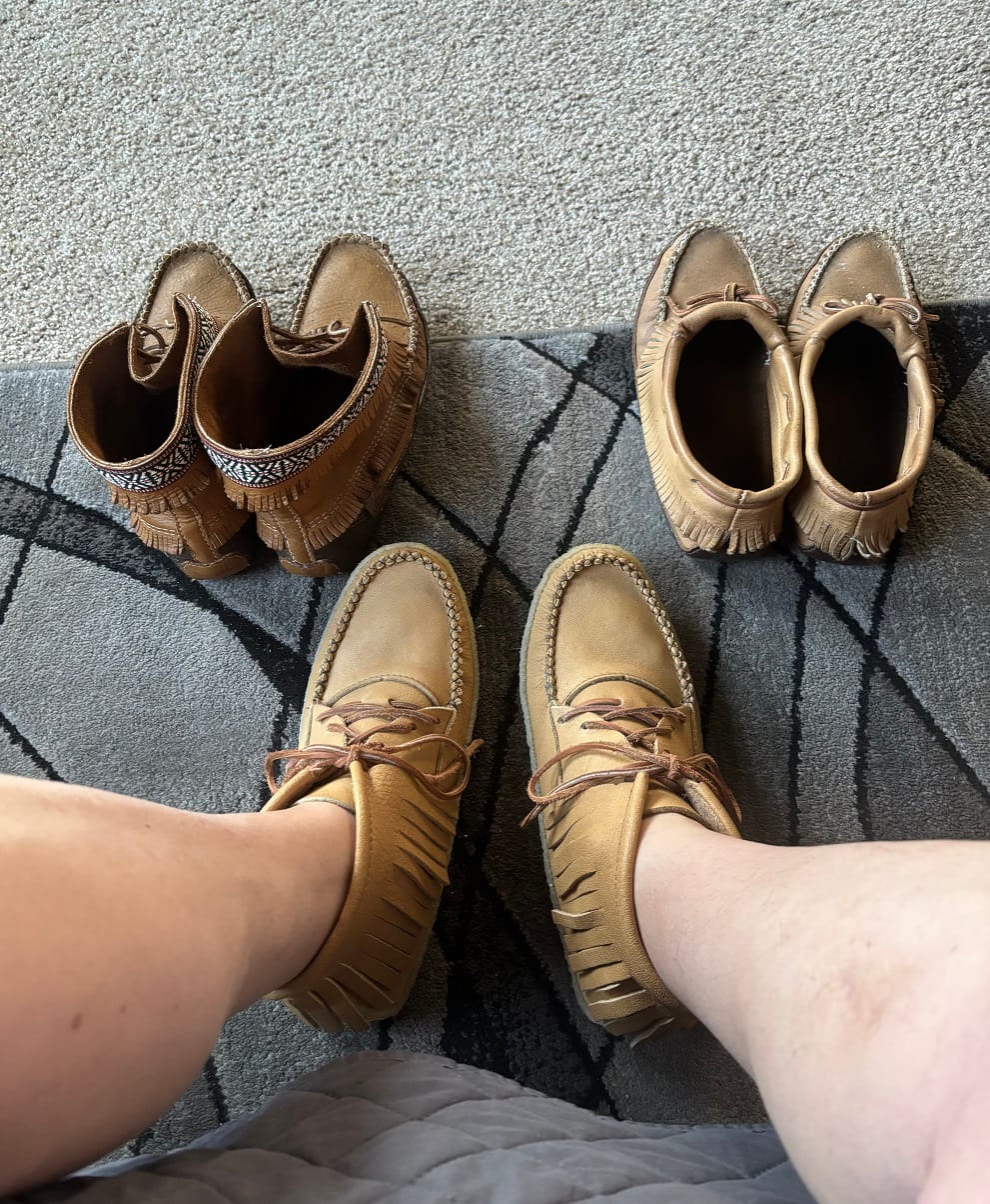 Customer photo review of Men's Moose Hide Leather Fringed Moccasin Boots