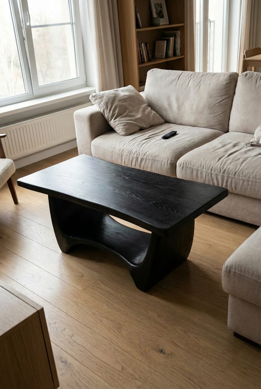 Customer photo review of Sculptural Solid Wood Coffee Table with Flow Carved Base