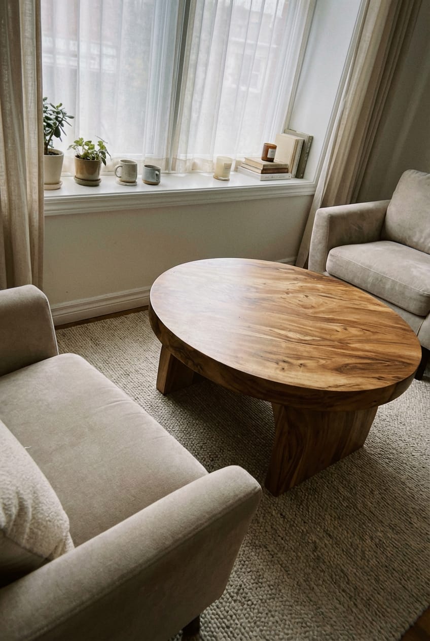 Customer photo review of Round Solid Wood Coffee Table with Sculptural Block Base