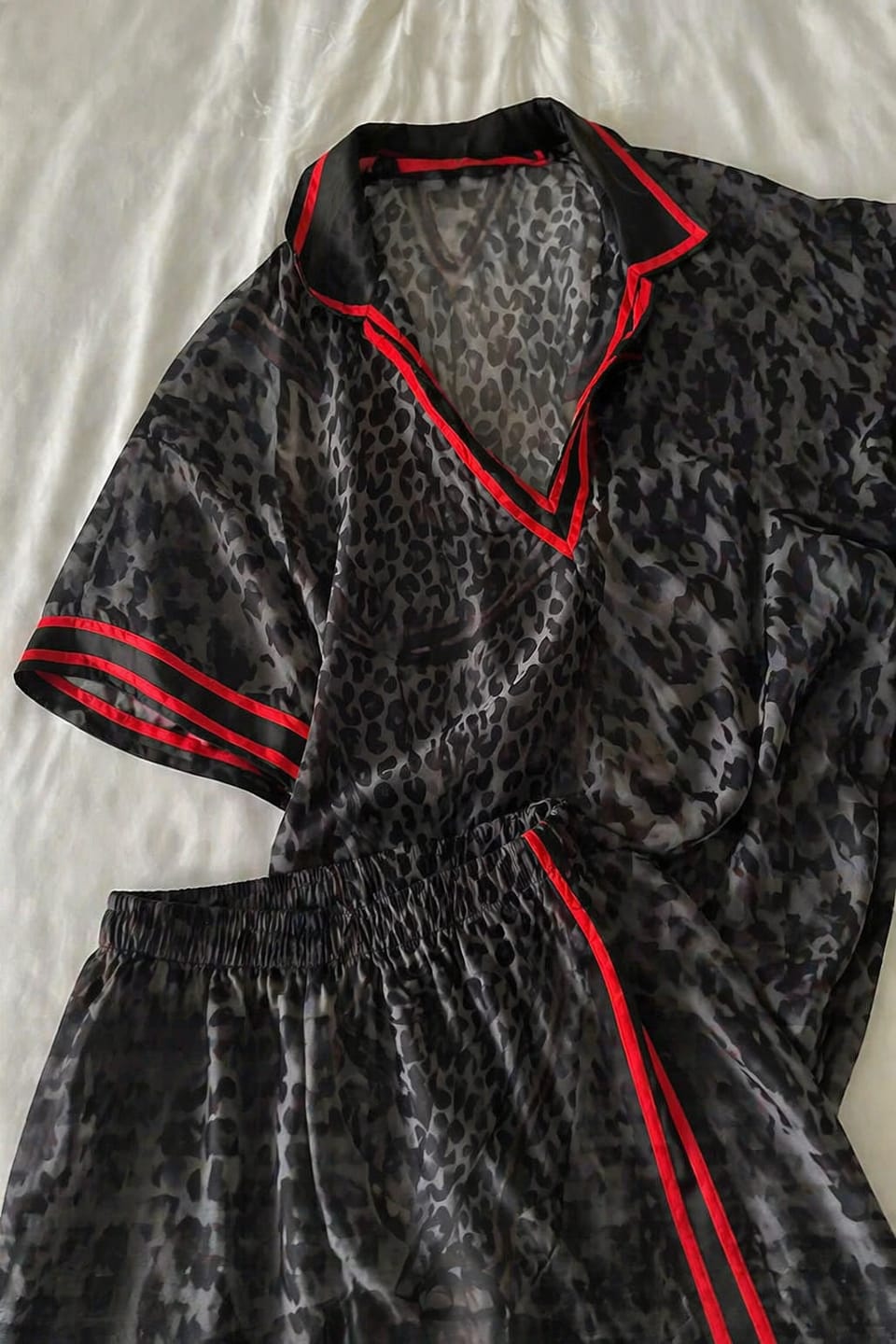 Customer photo review of Loose Short Sleeves Contrast Color Leopard See-Through Split-Joint Striped Lapel Blouses&Shirts Tops