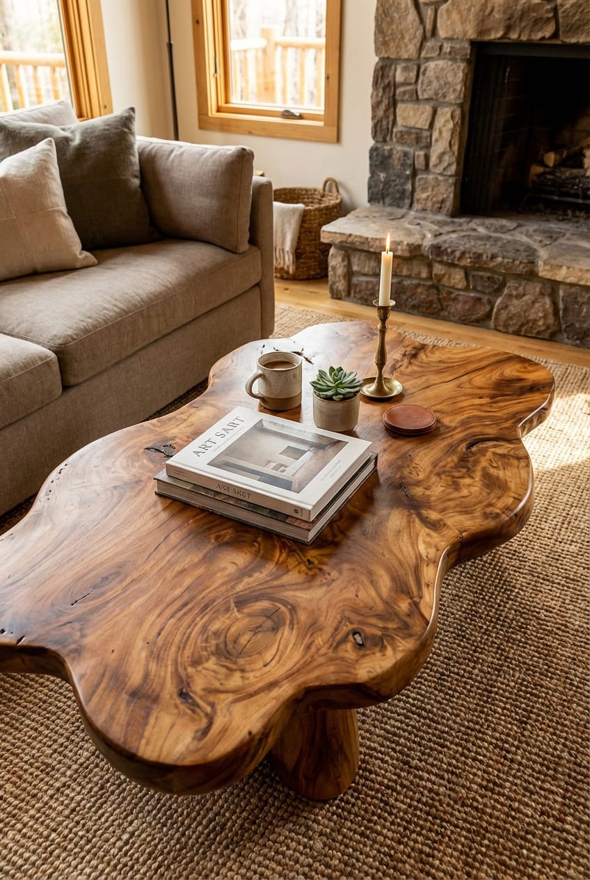 Customer photo review of Organic Live Edge Coffee Table with Sculpted Solid Base