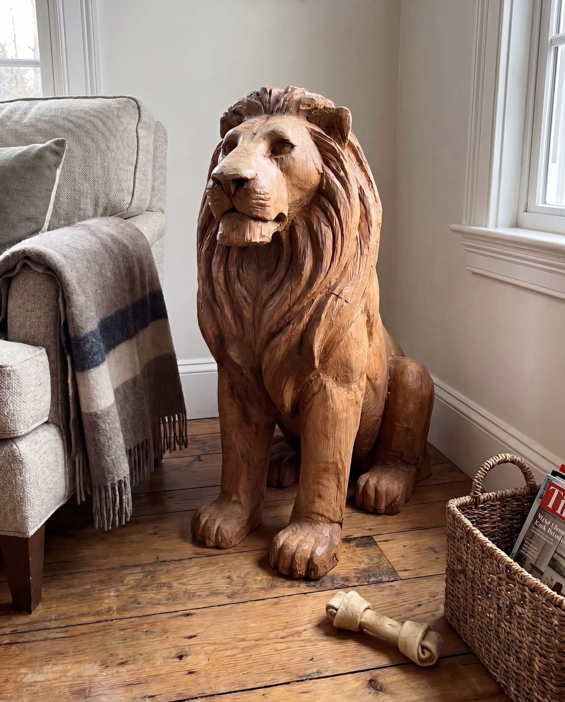 Customer photo review of Rustic Regal: The Hand-Carved Weathered Wood Lion Sculpture | Wood Sculpture