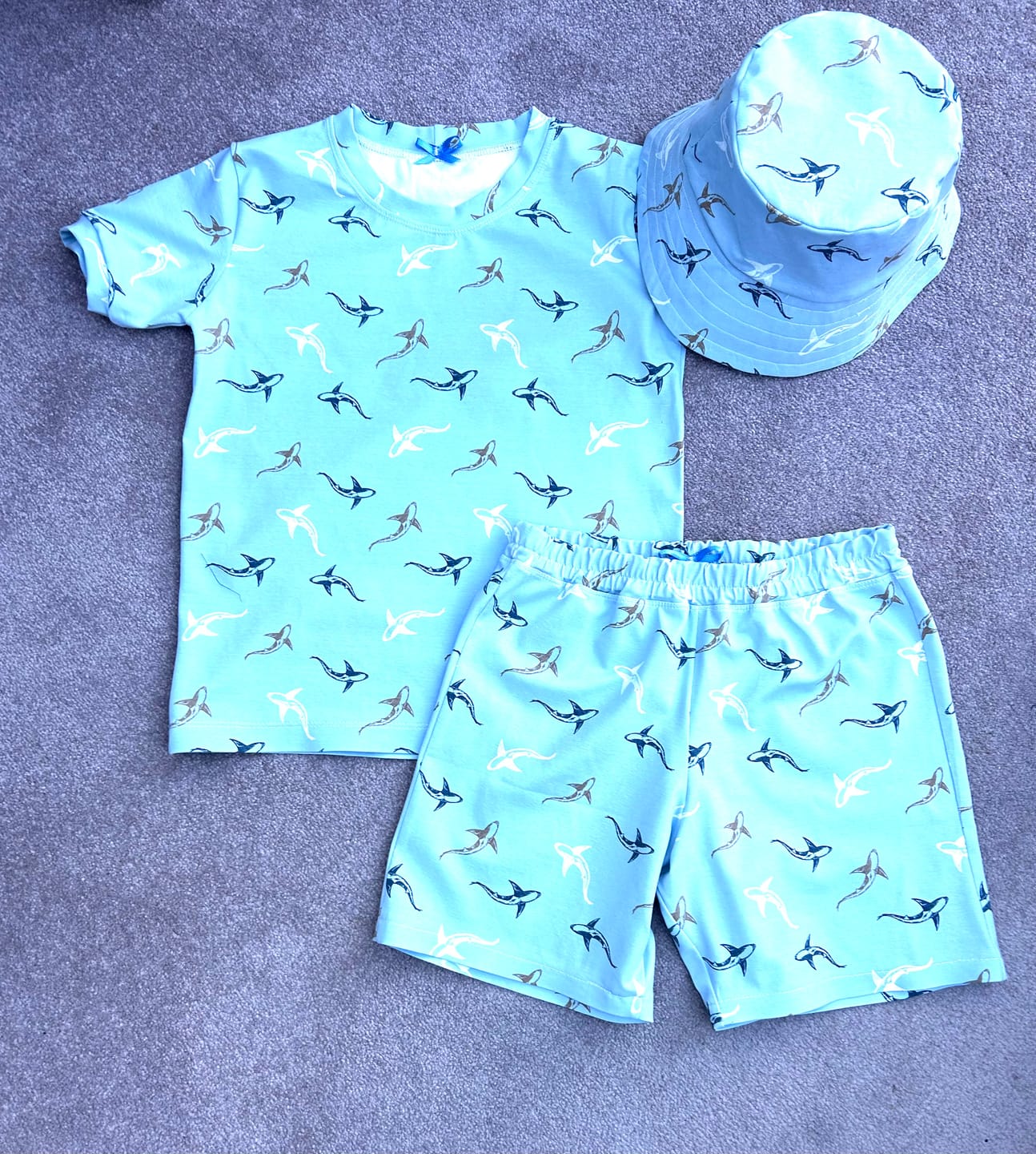 Customer photo review of Shark Swim on Blue Cotton Jersey Fabric
