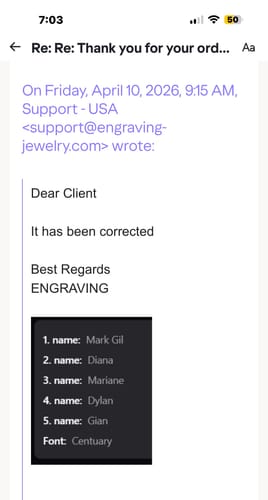 Customer's email screenshot confirming the name 'Dylan' was corrected for engraving on the black bracelet.