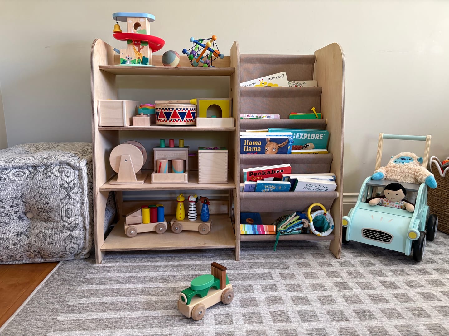 Customer photo review of Wooden Montessori Shelves for Toddler 2in1: Bookshelf & Toy Shelving