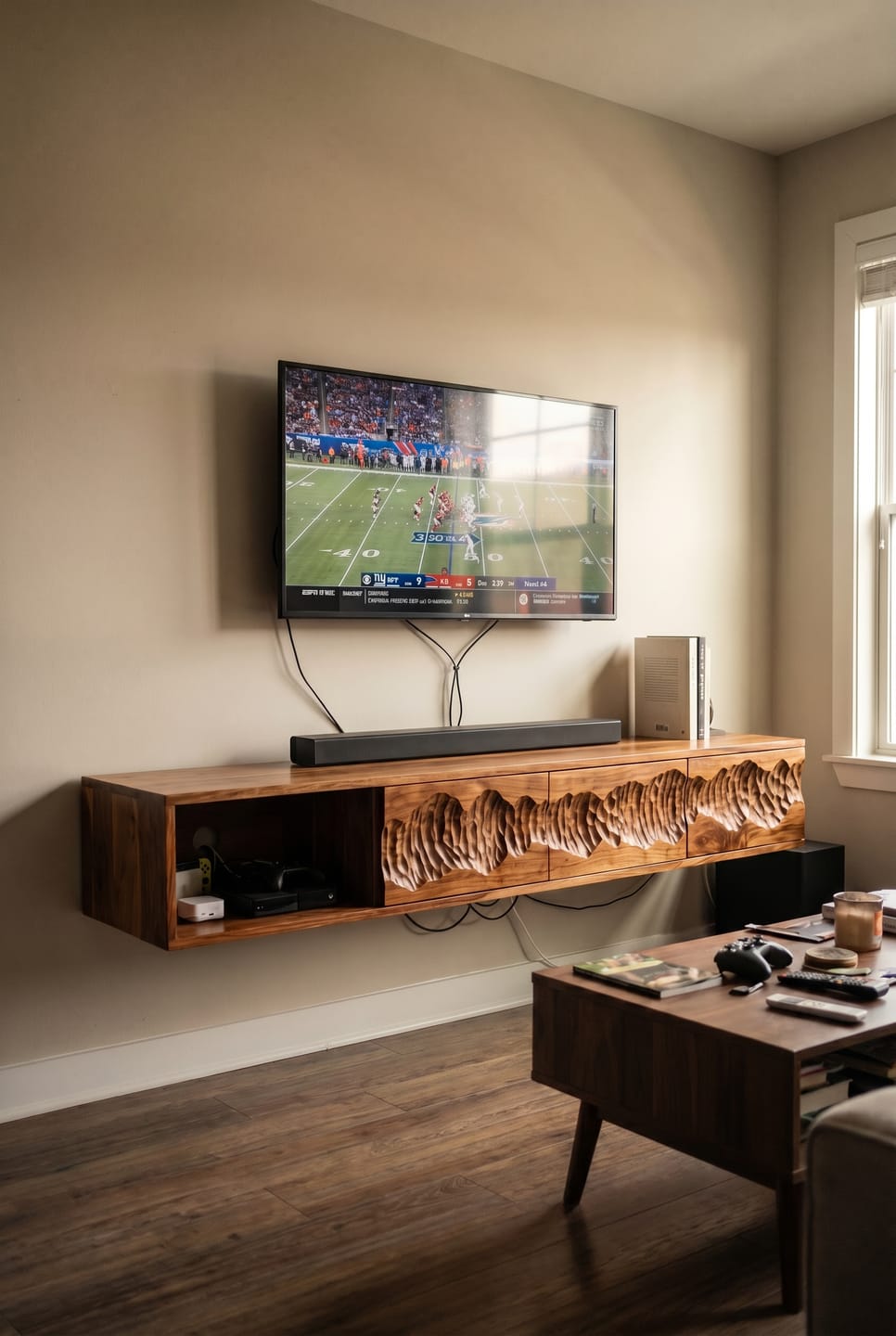 Customer photo review of Floating Natural Wood TV Console with Textured Carved Front