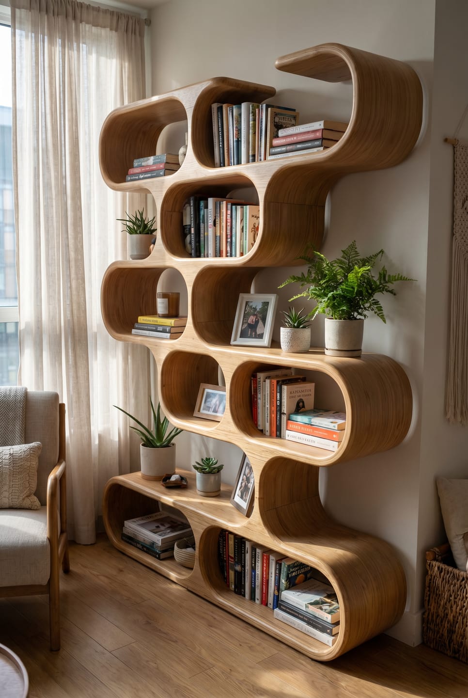 Customer photo review of Organic Sculptural Solid Wood Bookshelf With Curved Open Shelving