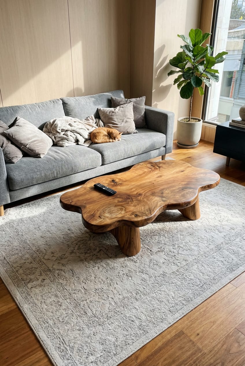 Customer photo review of Organic Live Edge Coffee Table with Sculpted Solid Base