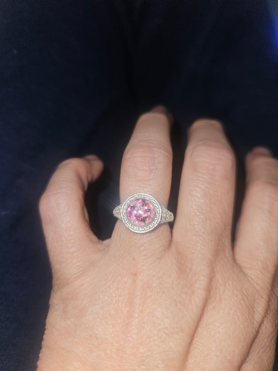 Customer photo review of Bedazzled Filigree Circle Opal Cremation Ring