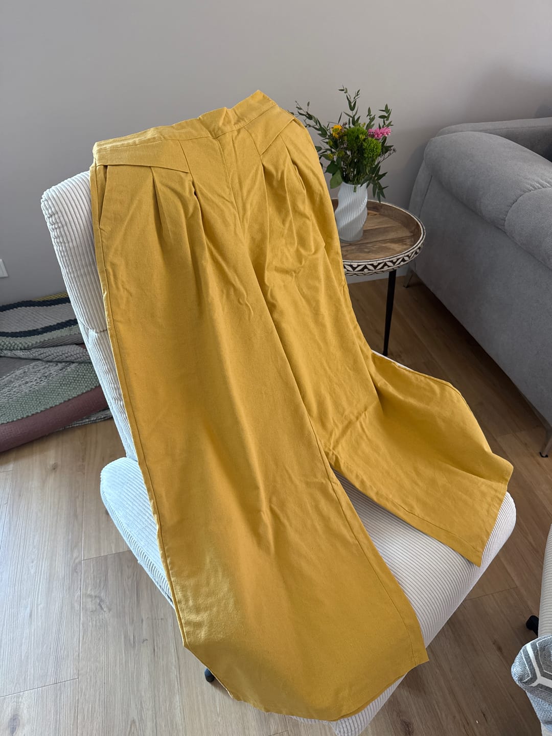 Customer photo review of Buddha Stones – Unifarbene Hose aus Baumwollleinen mit hoher Taille und weitem Bein und Taschen