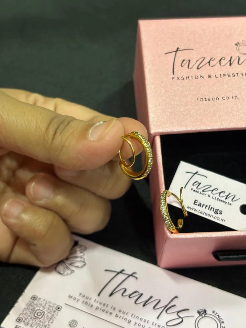 Customer photo review of Anti-Tarnish 18K Gold Plated Diamond-Style Hoop Earrings