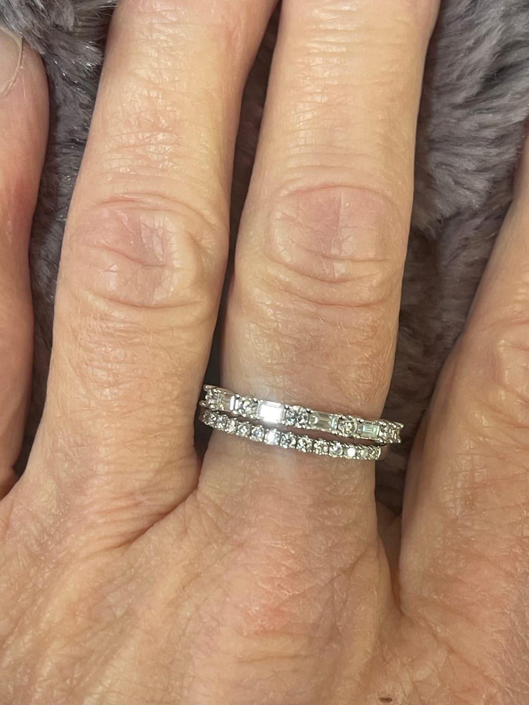 Customer photo review of Alternating Baguette and Round Moissanite Half Eternity Wedding Band