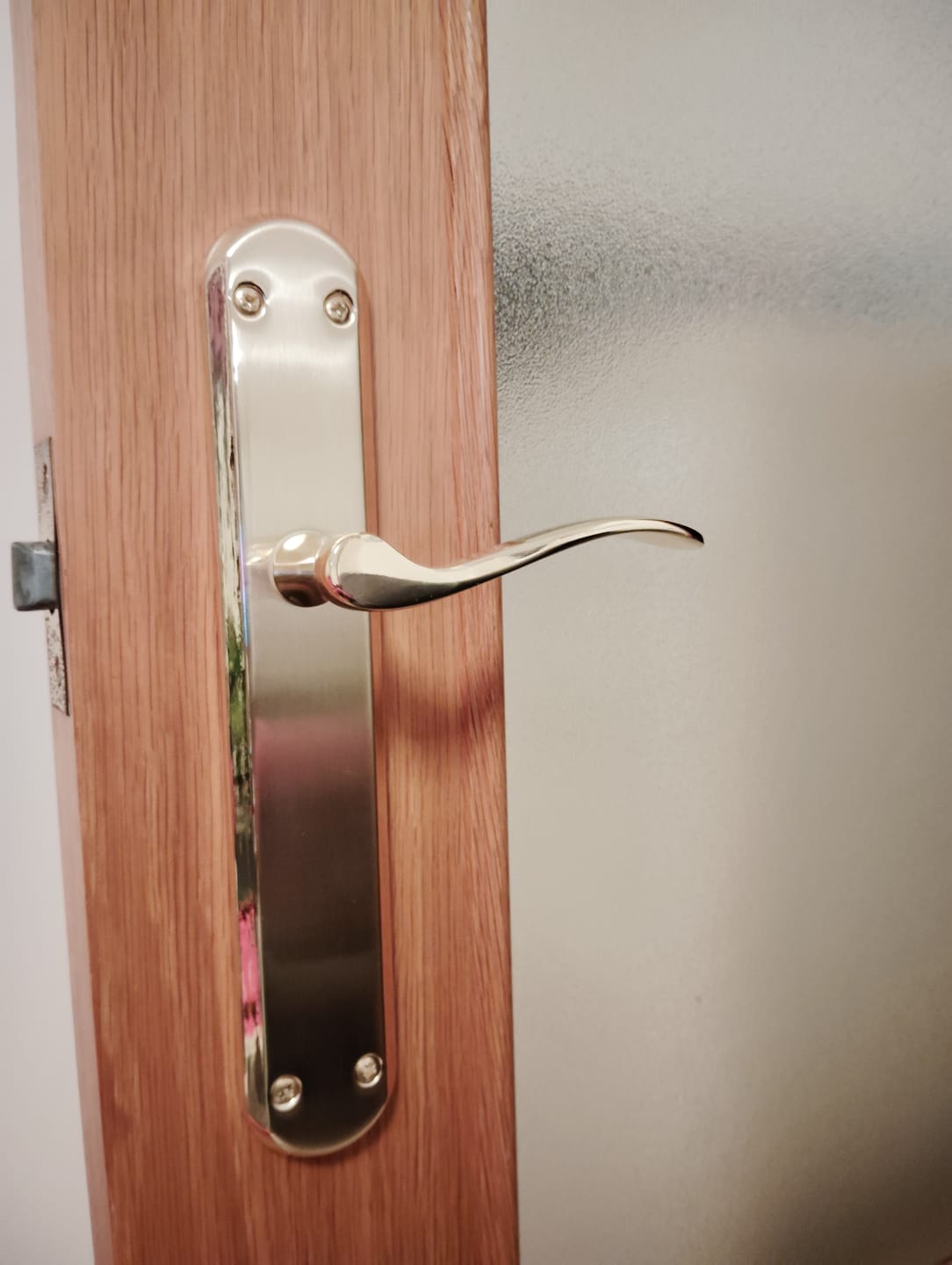 Customer photo review of Moderna manilla modelo '890' con placa ovalada de aluminio acabado dorado satinado para puertas