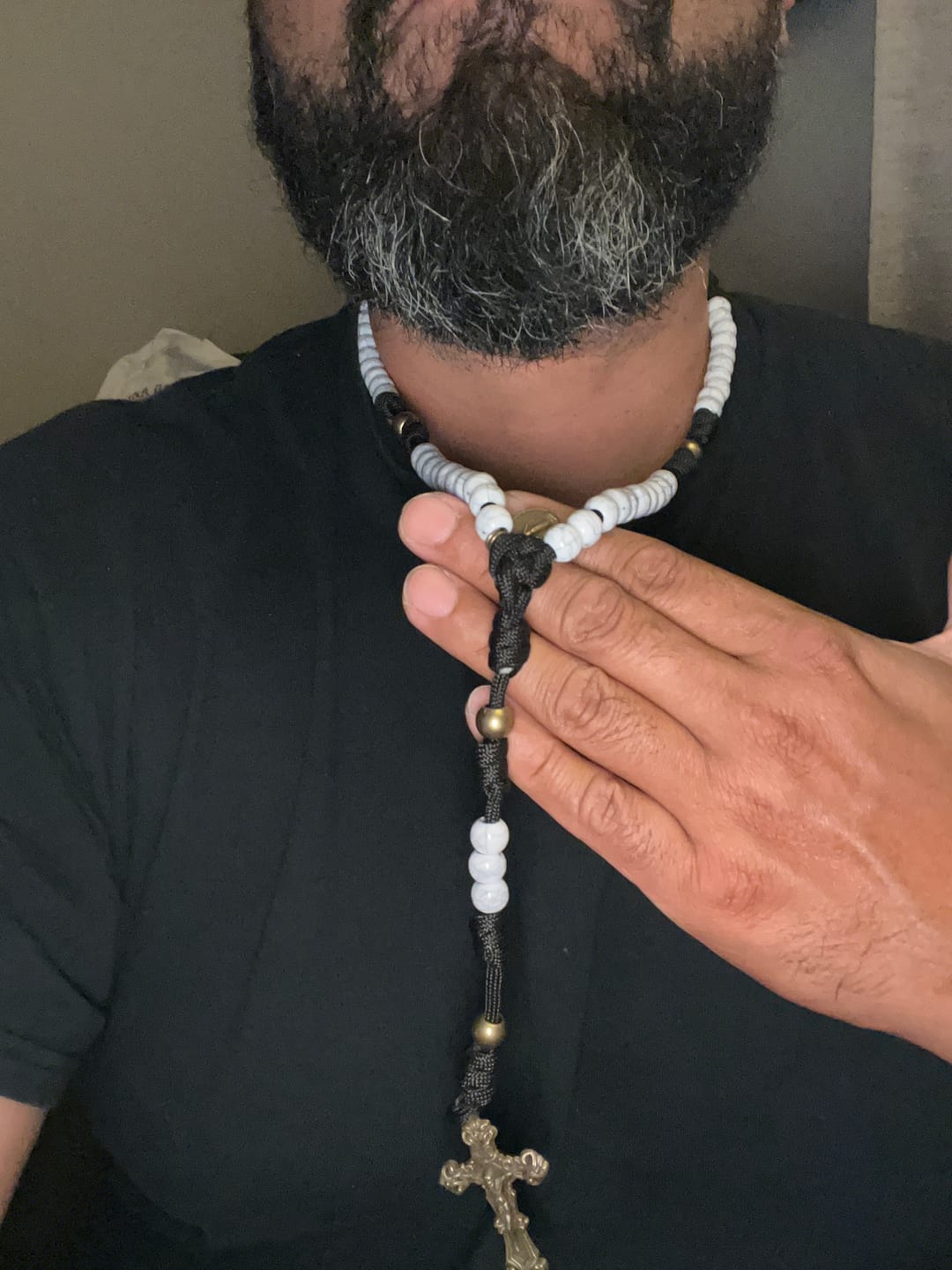 Customer photo review of FREE Today: Matte White Crackle Beads with Ornate Brass Crucifix Rosary, Pocket Rosary
