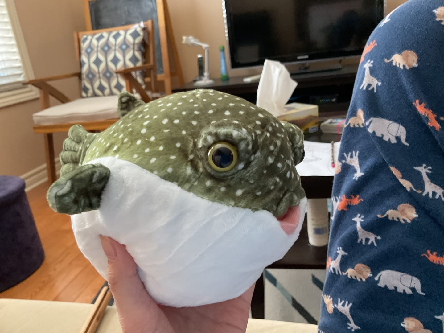 Customer photo review of Realistic Green Spotted Pufferfish Plush Toy – Soft and Adorably Lifelike
