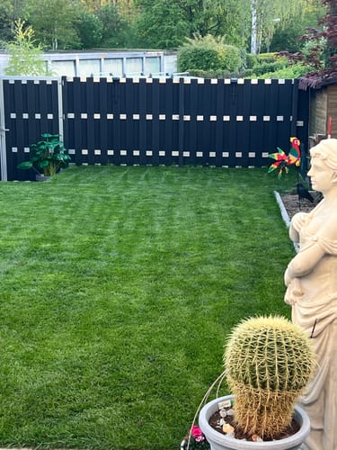 Ein Kunde zeigt seinen üppigen grünen Rasen im Garten nach der Anwendung des RASENBLITZ™ Düngers.