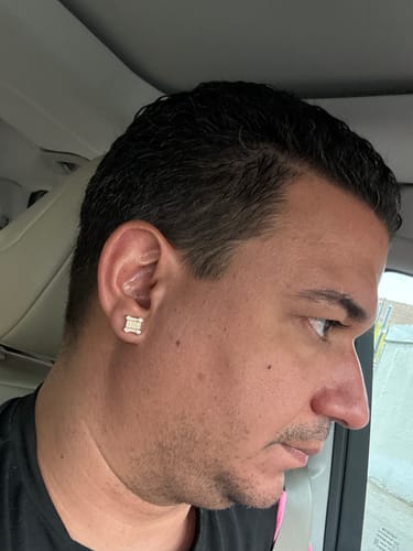 Reviewer's side profile showing them wearing the 14K Full CZ Square Alt. Earring.