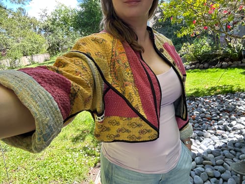 Customer photo review of The Kaira Cropped Quilted Patchwork Kantha Jacket