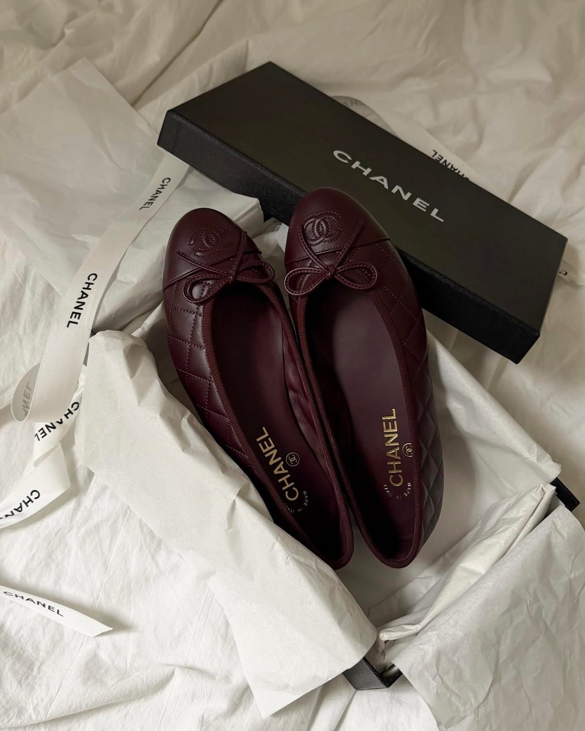 Customer photo review of Chanel 2026 Ballet Flat Dark Burgundy Lambskin